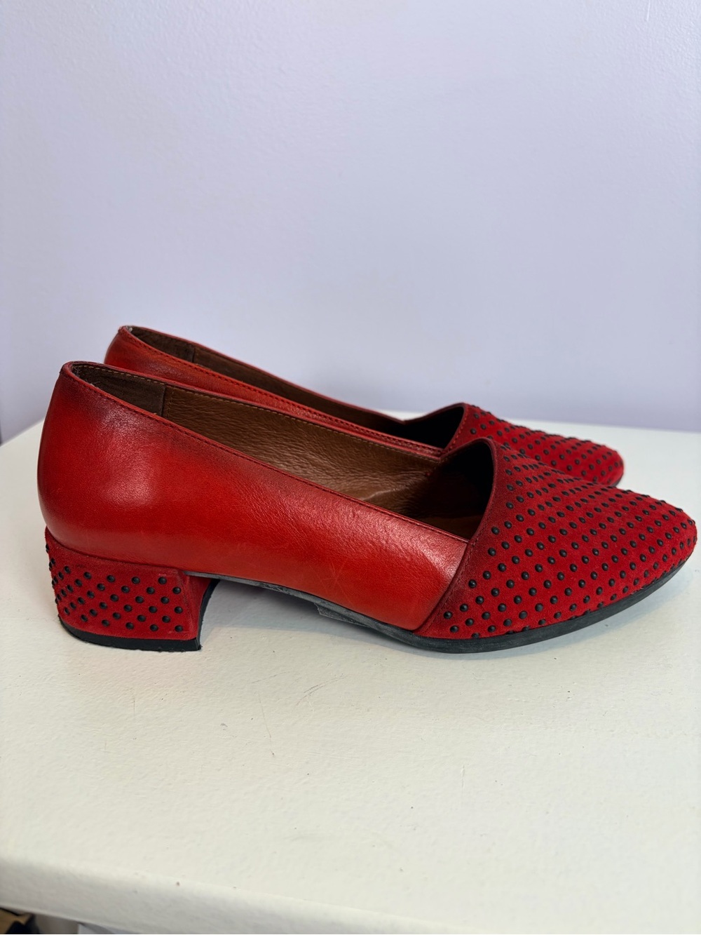 Hispanitas Red Leather Studded Low Block Heel Pumps 37